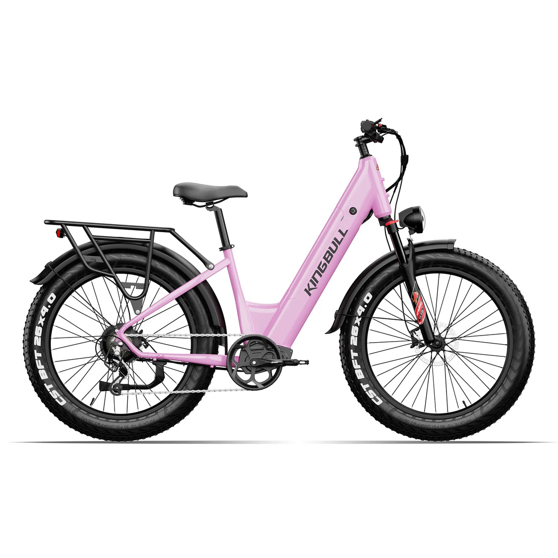 Kingbull Discover ST 2.0 electric bike in black, full side view showing 26-inch fat tires and step-through frame