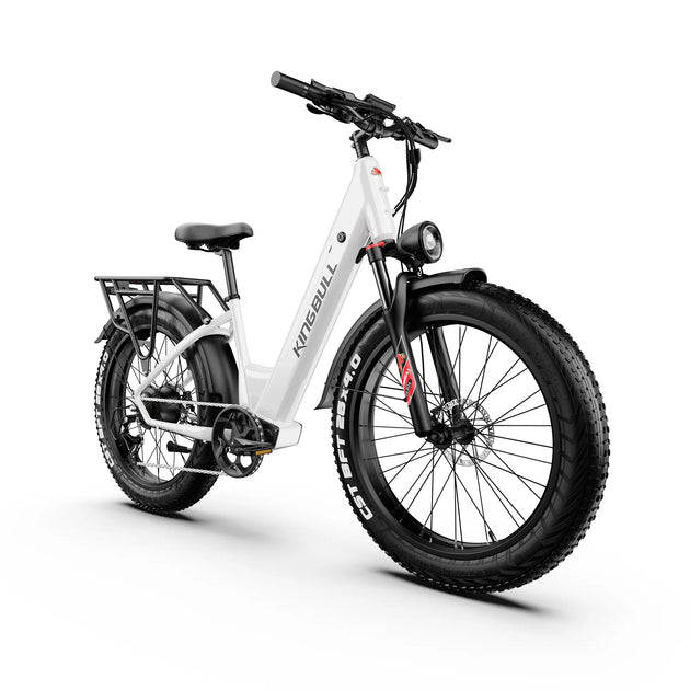 Close-up detail of Kingbull Discover ST 2.0 white bike showing battery integration and frame geometry