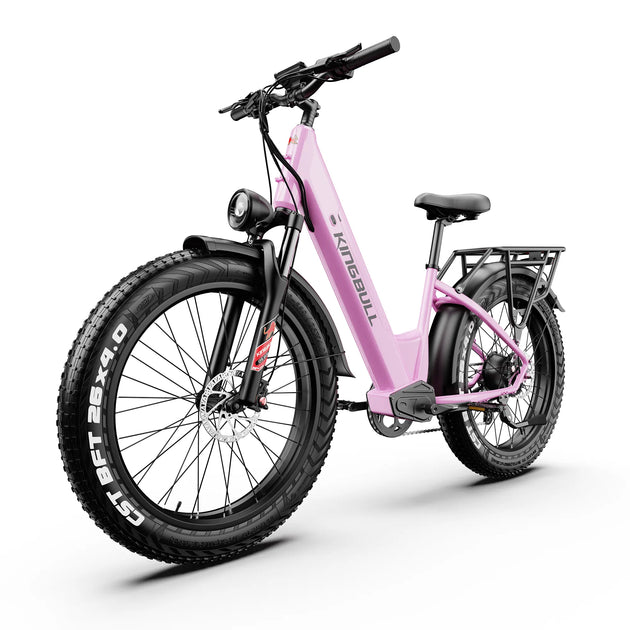 Kingbull Discover ST 2.0 pink electric bike from rear three-quarter view showing motor and wheel assembly