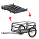 Foldable bike cargo trailer with black steel frame - showing folded and assembled states with red arrows, features two wheels and spacious cargo bed for transporting goods