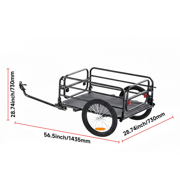 Bike cargo trailer dimensions diagram - 56.5 inch length (1435mm), 28.74 inch height (730mm), and 28.74 inch width (730mm) with labeled measurements in red